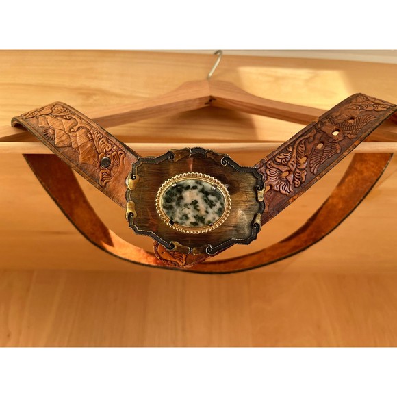 Vtg Sears Leather Belt with Rad Stone Buckle - Picture 2 of 9